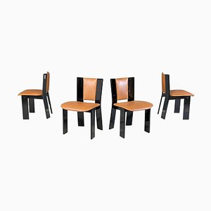 Italian Modern Black Lacquered Brown Leather Chairs Acerbis International, 1980s, Set of 4