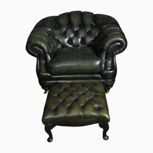 Green Leather Chesterfield Chair and Footstool, Set of 2