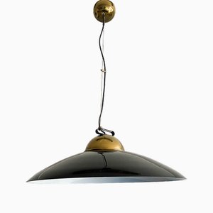 Brass & Black Lacquered Metal Pendant Light, Italy, 1970s