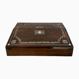 Caja de escritura victoriana antigua con incrustaciones de palisandro, 1850