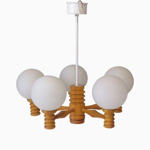 Space Age 5-Armed Wooden Chandelier with White Frosted Opaline Glass Spheres, 1960s