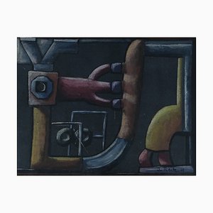 John Reitz, Composition aux machines et outils, 1945, óleo sobre cartón, enmarcado