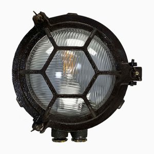 Black Cast Iron Circular Wall Light with Prismatic Glass