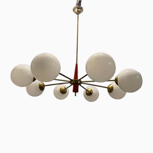 Sputnik Chandelier in Opaline Glass and Brass with Eight Lights, 1970s