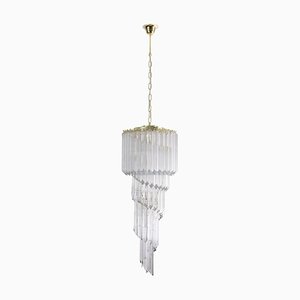Large Spiral Chandelier in Transparent Murano Glass with Brass Structure, Italy, 1970s