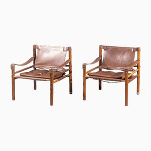 Scirocco Safari Chairs in Rosewood and Brown Leather by Arne Norell for Arne Norell Ab, Set of 2