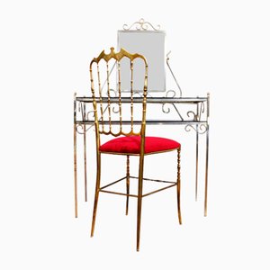 Mid-Century Italian Dressing Table with Brass Chair, 1970s, Set of 2