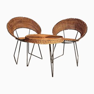 Armchairs and Coffee Table in Wicker by Raoul Guys, 1950, Set of 3
