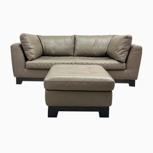 Grey Leather 2-Seater Sofa & Footstool, Set of 2