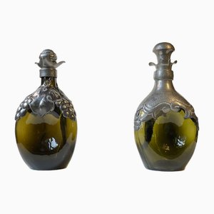 Danish Decanters in Green Glass and Pewter, 1910s, Set of 2