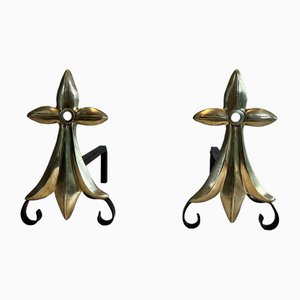 Andirons Art Nouveau in bronzo con fiori di giglio, fine XIX secolo, set di 2