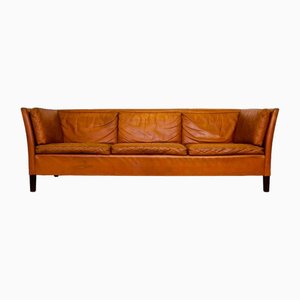Vintage Danish Mid Century 3 Person Cognac Leather Sofa