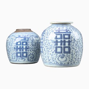 Chinesische Vasen aus Aluminium in Blau & Weiß, 2er Set