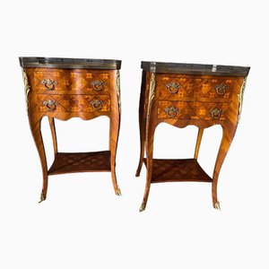 Louis XV Marquetry Bedside Tables with Clovers and Bronze, Set of 2