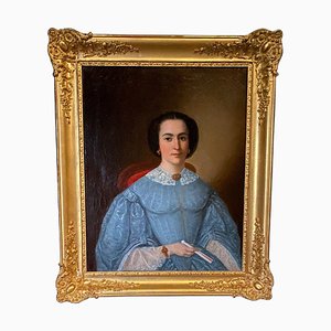 Portrait de Femme en Robe Bleue à l'Éventail, Milieu du 19ème Siècle, Huile sur Toile, Encadrée