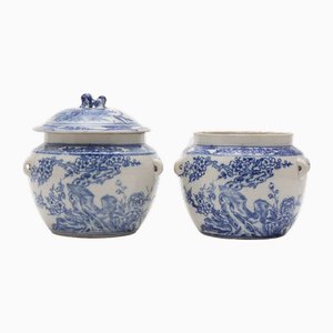 Pots d'Asie de l'Est avec Peinture Bleue et Blanche, Set de 2