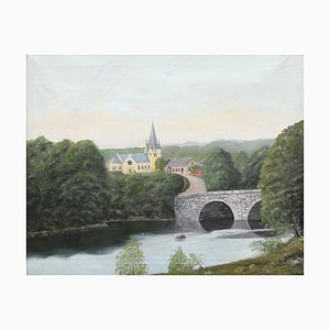 Danish Artist, Church on the Bridge, Oil Painting