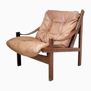 Poltrona Hunter Mid-Century in pelle, palissandro e teak di Torbjørn Afdal per Bruksbo, 1960