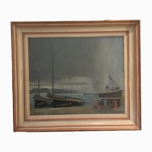 Eugène Louis Martin, Quai Gustave, Ador et barques du Léman, 1946, Oil on Canvas, Framed