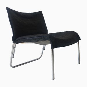 Louge Stuhl aus schwarzem Leder & verchromtem Metall, 1970er