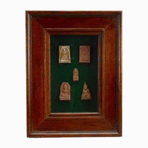 Antique Thai Pottery Buddha Amulets Mounted in Oak Box Frame, 1900s