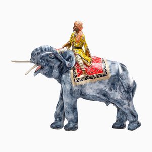 Figura de maharajá y elefante indio vintage de loza pintada a mano, años 60