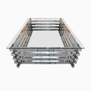 Italian Stacked Rectangular Chrome & Glass Coffee Table in the style of Pierre Carden, 1970s
