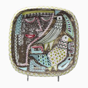 Handpainted Dish with Female and Birds by Mari Simmulson for Upsala Ekeby, 1950s