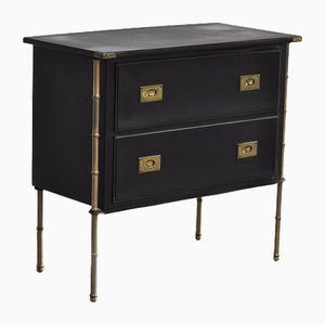 French Handstitched Leather, Brass & Faux Bamboo Commode by Jacques Adnet