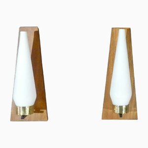 Brass, Opal Glass and Teak Wall Lights from Stilnovo, Italy, 1950s, Set of 2