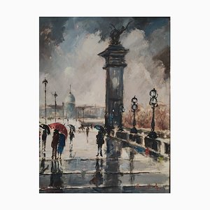 Bernard Lignon, Pont Alexandre III et Vue sur le Bâtiment des Invalides, Parigi, 1947, Olio su tela, Con cornice