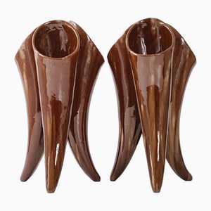 French 3-Horned Vases in Brown Ceramic, 1960s, Set of 2