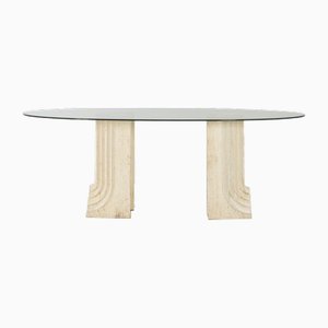 Samo Oval Table in Clear Glass with Open Base in Beige Travertine by Carlo Scarpa for Simon, 1970s