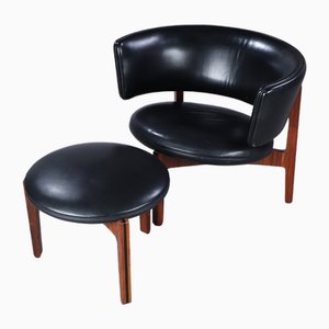Chaise Longue and Pouf in Rosewood and Black Leather by Sven Ellekaer for Christian Linneberg, 1962, Set of 2
