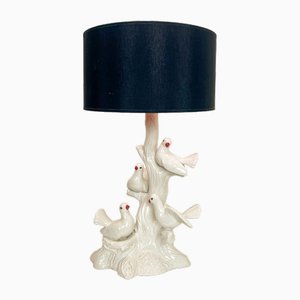 Lámpara de mesa en forma de pájaro italiana vintage de cerámica con palomas, años 60