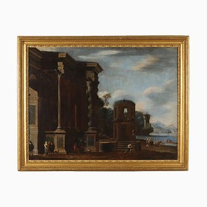 Architectural View and Characters, 1600s, Oil on Canvas, Framed