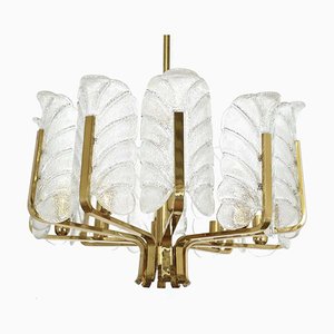 Scandinavian Brass Chandelier with 10 Glass Leaves by Carl Fagerlund for Orrefors