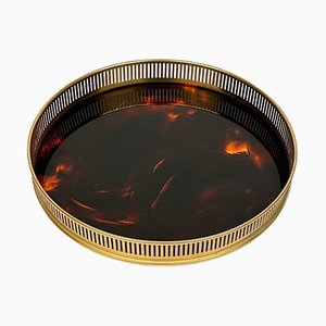 Mid-Century Round Serving Tray in Tortoiseshell Acrylic Glass and Brass in the Style of Christian Dior, Italy, 1970s
