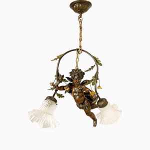 Baroque Bronze Blindfolded Cupido Chandelier Pendant Lamp, 1940s