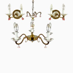 Vintage Porcelain Chandelier & Sconces, Italy, Set of 3