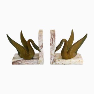 Art Deco Swan Bookends inh Pink Marble, 1940s, Set of 2