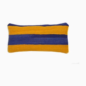 Funda de cojín Kilim azul y amarillo de Anatolia hecha a mano