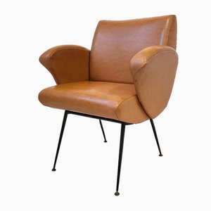 Mid-Century French Lounge Chair in Havana Leatherette & Steel, 1950s