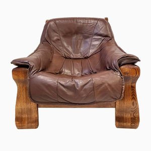 Vintage Brutalist Lounge Chair in Leather & Oak, 1970s