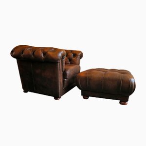 Chesterfield Club Chair and Ottoman in Leather, Set of 2