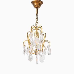 Small French Brass and Crystal Chandelier, 1950s