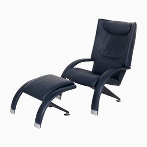 Lounge Chair and Stool in Blue Cowhide Leather from Berg Furniture, Denmark, 1999, Set of 2