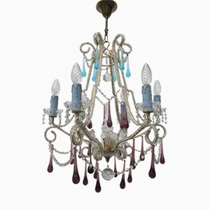 Vintage Italian Crystal Beaded 6-light Chandelier with Purple & Azure Drops