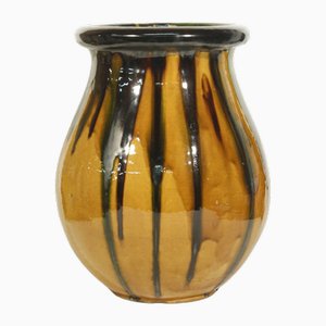 Grand Pot ou Vase Monté sur Corde Vernie Jaune et Verte de Biot, Sud de la France, 20ème Siècle