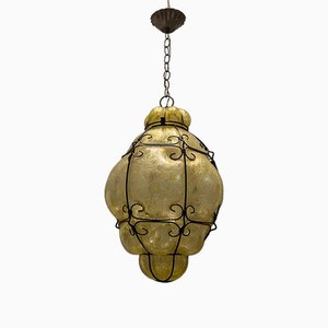 Lámpara colgante Craquelè de hierro forjado de cristal de Murano, años 60
